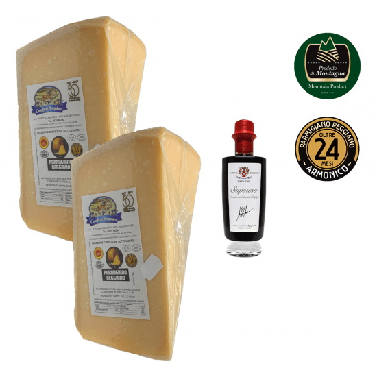 Parmigiano Reggiano SAN - Vuoristotuote - 24 Kuukautta (2 x 1.35 Kg.) + Saporoso (100 ml.)