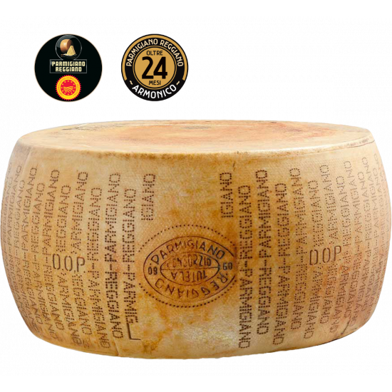 Parmigiano Reggiano DOP de colina, 24 meses, rueda entera 38 kg aprox. + cuchillo profesional