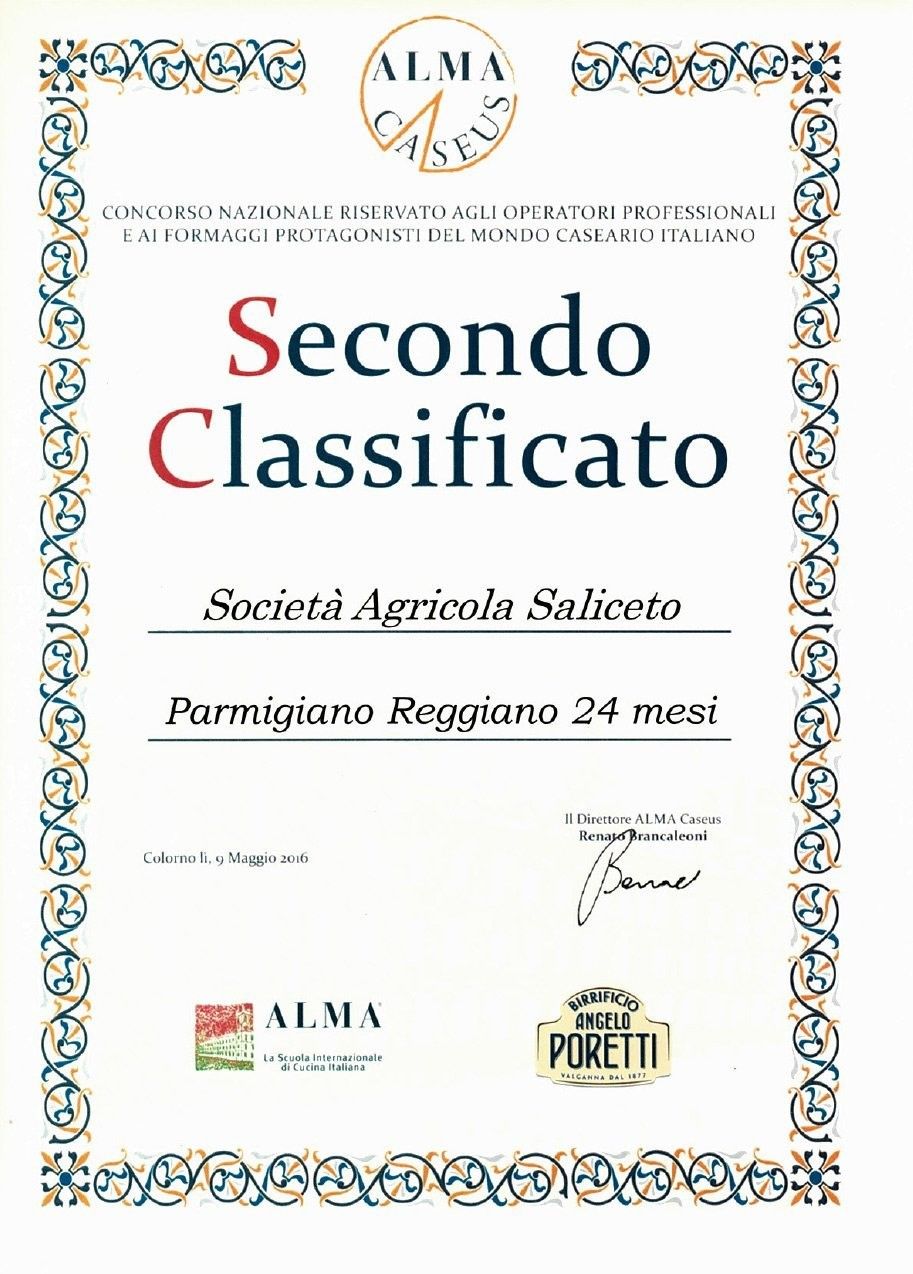 De Società Agricola Saliceto heeft van ALMA Caseus het certificaat voor de tweede plaats ontvangen voor haar 24 maanden oude Parmigiano Reggiano.
