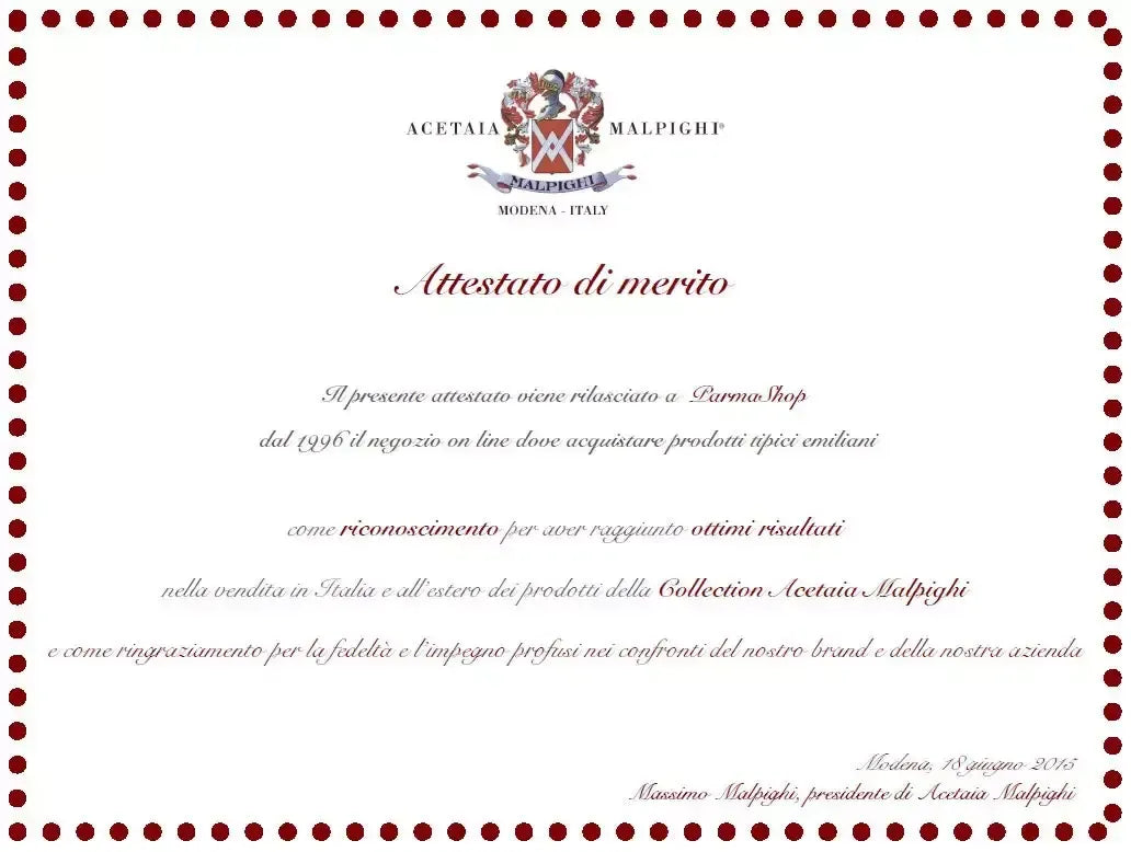 Riconoscimento Acetaia Malpighi per l'eccellenza nelle vendite di prodotti tradizionali emiliani.