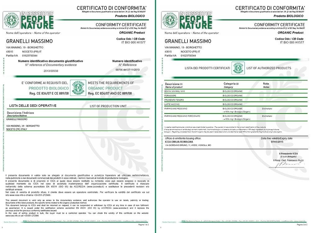 Gustus offre un certificato di conformità biologica, impreziosito da dettagli e timbri, che garantisce autenticità e qualità.