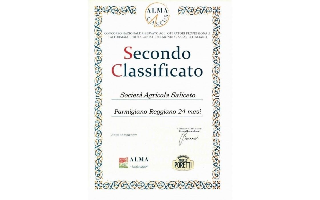 Premio conferito il secondo posto al Parmigiano 24 mesi, prodotto dalla Società Agricola Saliceto e certificato eccellente da ALMA Caseus.