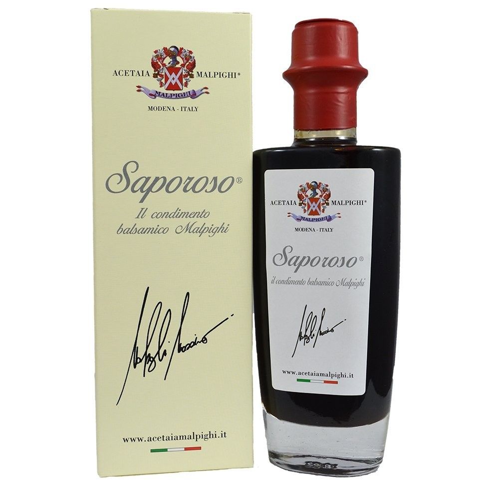 Scopri l'eleganza della bottiglia di condimento balsamico Saporoso Acetaia Malpighi, racchiusa in una scatola e prodotta con qualità artigianale italiana.