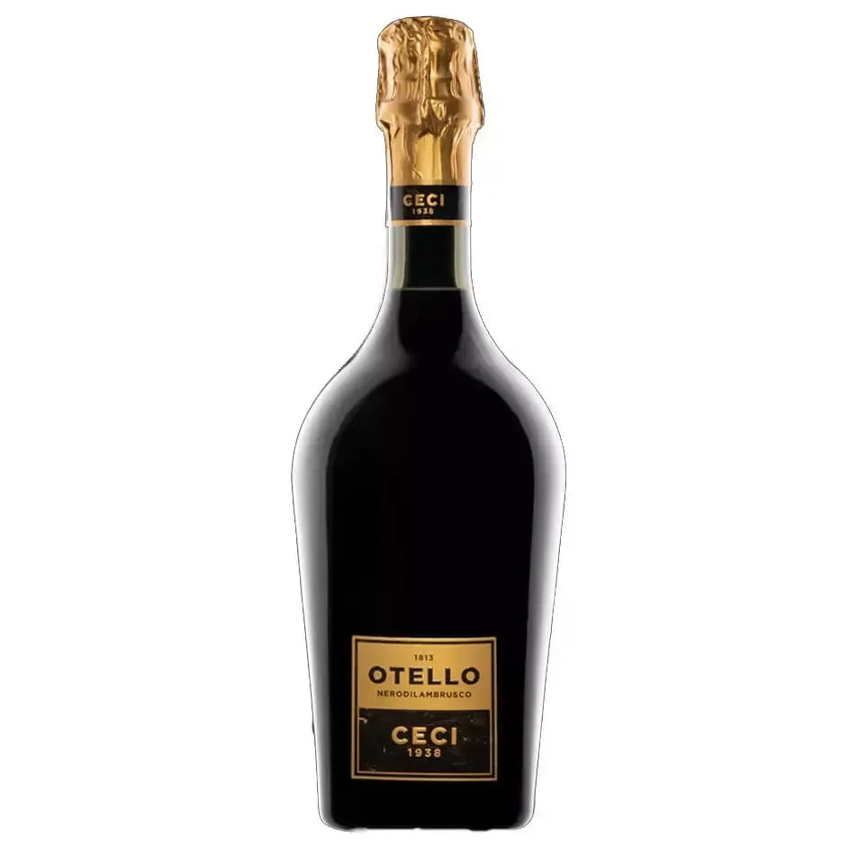 Una bottiglia di Otello NERODILAMBRUSCO Lambrusco, dall'etichetta dorata e stile raffinato, ideale per le tue serate speciali.