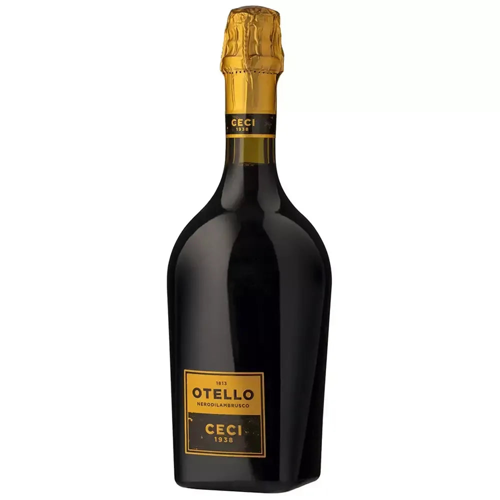 Elegante bottiglia di Otello NERODILAMBRUSCO, un vino rosso frizzante. Etichetta dorata su fondo nero, con un tappo dorato.