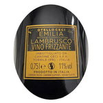 Un'elegante etichetta del frizzante Otello NERODILAMBRUSCO, un Lambrusco Emilia IGT, vino italiano in una bottiglia da 0,75L, con gradazione alcolica dell'11%.