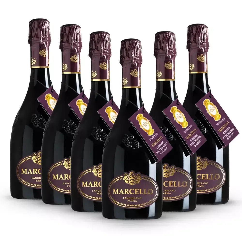 Un set di sei bottiglie Marcello Gran Cru Lambrusco, caratterizzate da etichetta raffinata e capsule viola, l'ideale per le feste.
