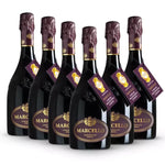 Un set di sei bottiglie Marcello Gran Cru Lambrusco, caratterizzate da etichetta raffinata e capsule viola, l'ideale per le feste.