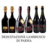 Set degustazione di vini Lambrusco Parma: eleganti bottiglie celebrano l'eccellenza vinicola italiana.