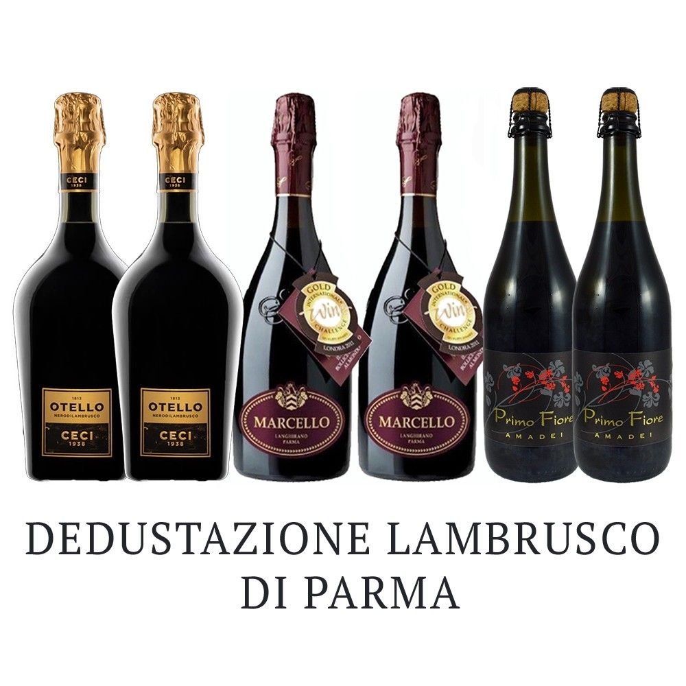 Set degustazione di vini Lambrusco Parma: eleganti bottiglie celebrano l'eccellenza vinicola italiana.