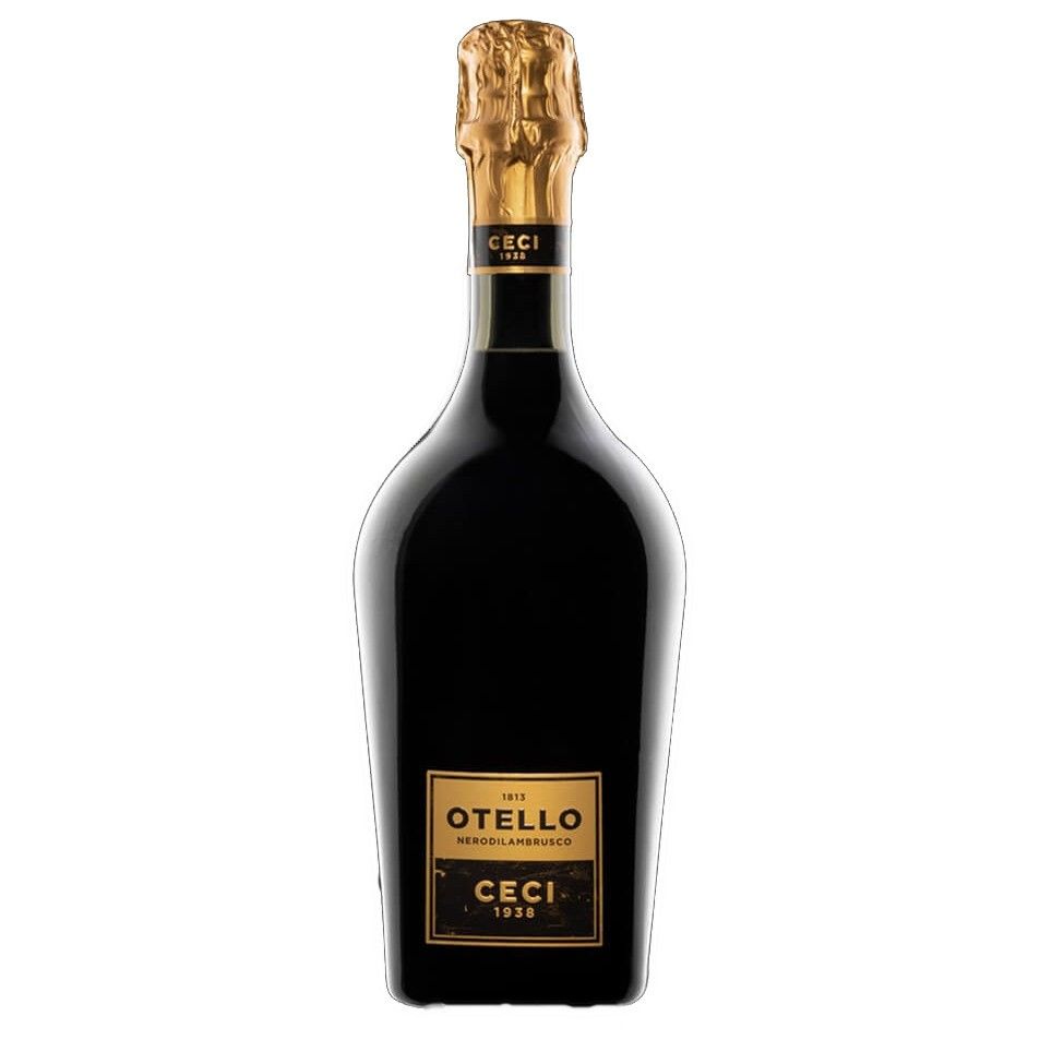 Bottiglia elegante Otello Nero di Lambrusco Ceci, con etichetta dorata e tappo avvolto in lamina dorata. Perfetta per celebrare.