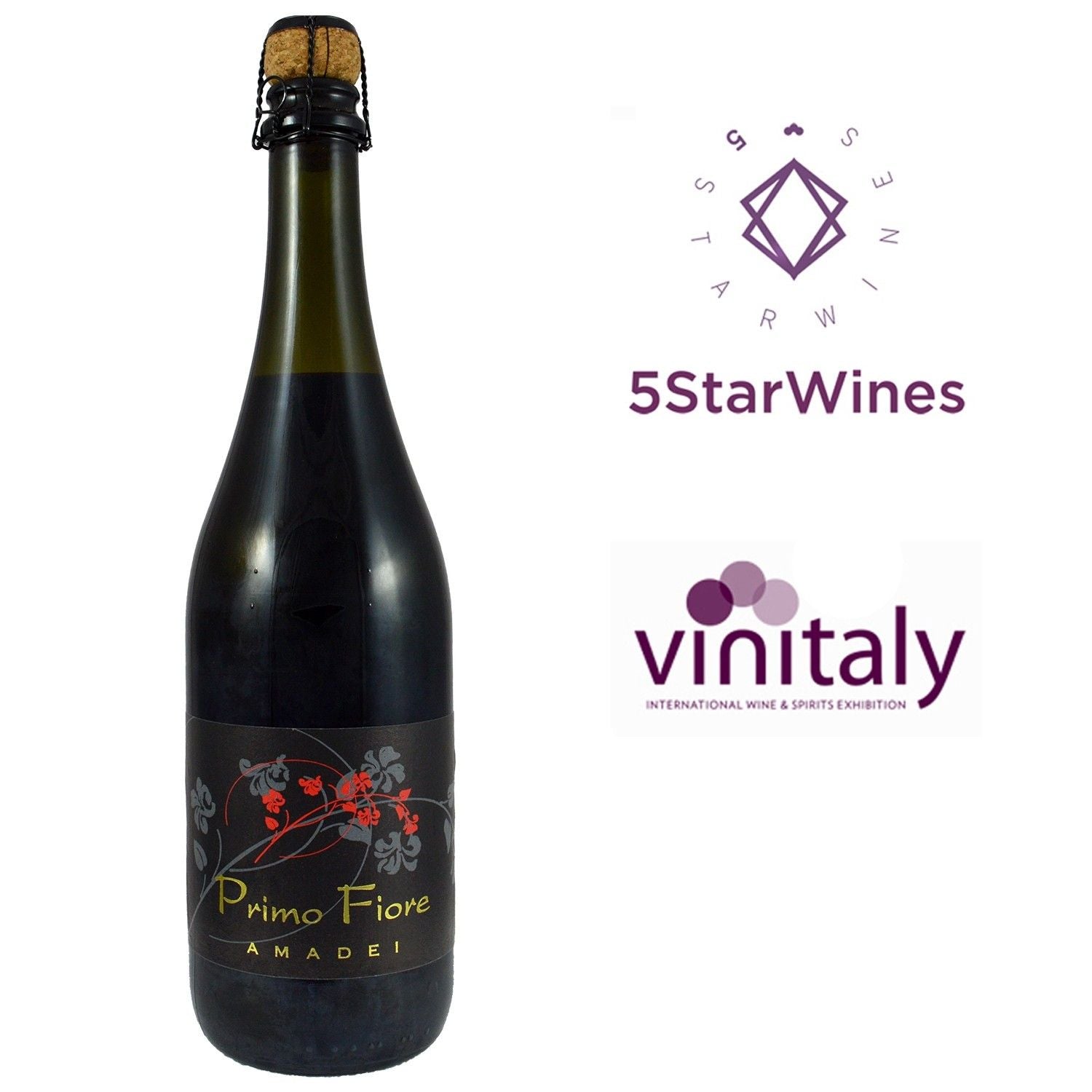 Bottiglia di vino Primo Fiore Amedei su sfondo bianco, decorata con etichetta floreale e tappo in sughero.