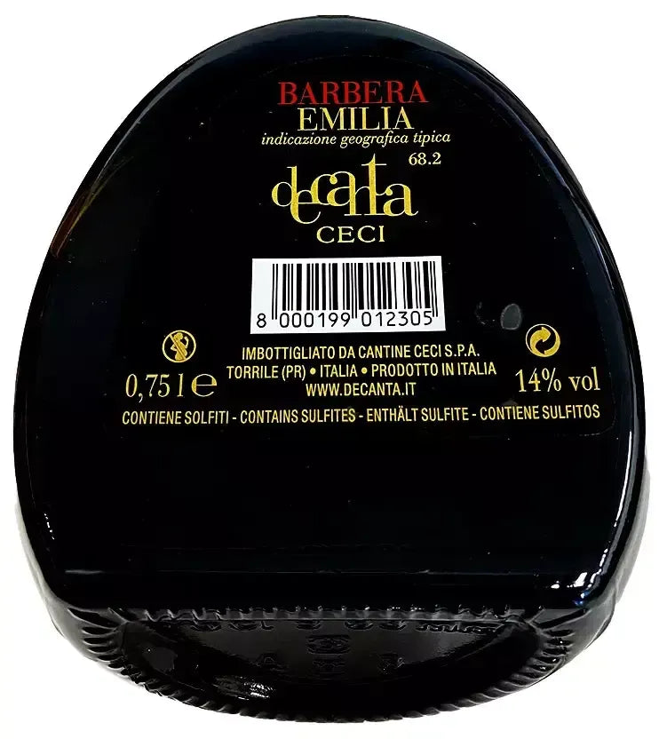 Decanta Barbera Emilia IGT, una bottiglia di vino rosso, presenta un'etichetta nera raffinata con scritte dorate e note sui solfiti.