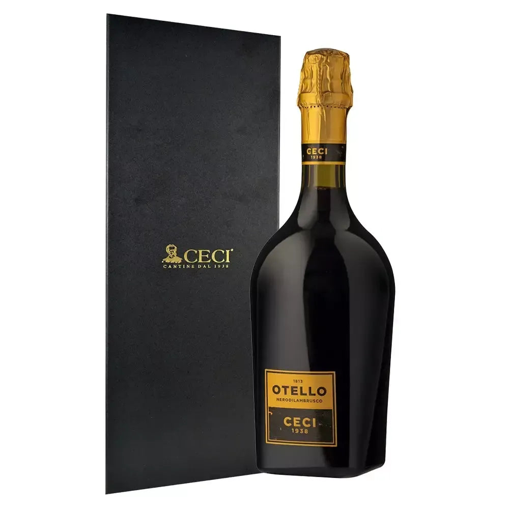 An elegant gift box contains Otello NERODILAMBRUSCO, a purple-red Lambrusco with a scent of wild berries, ideal for parties.