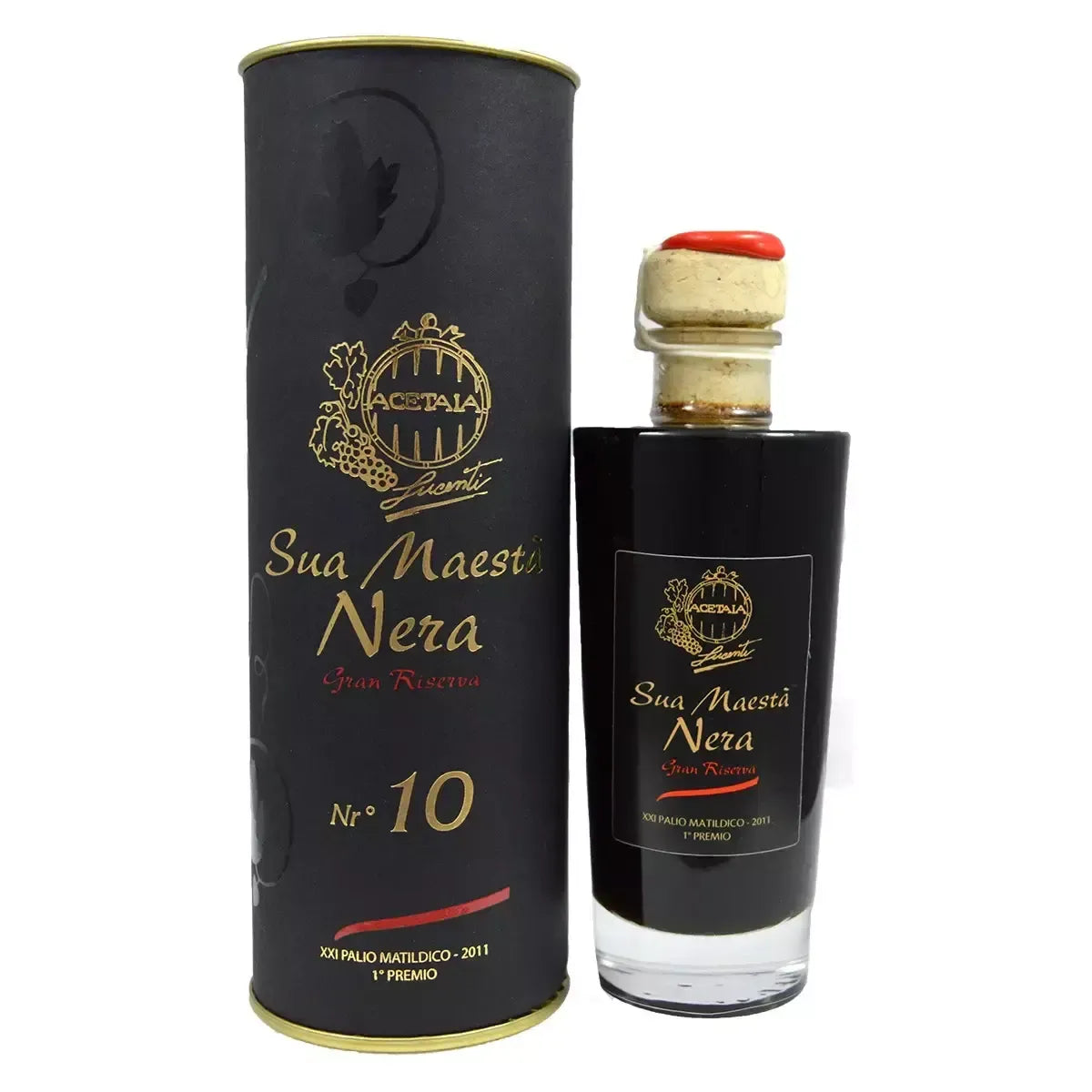 Splendida bottiglia di Sua Bontà Nera, aceto balsamico in confezione elegante, perfetta per il Cesto Natalizio Beatrice.