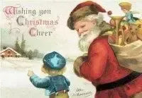 Antico biglietto natalizio che raffigura Babbo Natale e bambini, felici nella neve, davanti a un'abitazione imbiancata, esprimendo auguri di gioiosa festività.