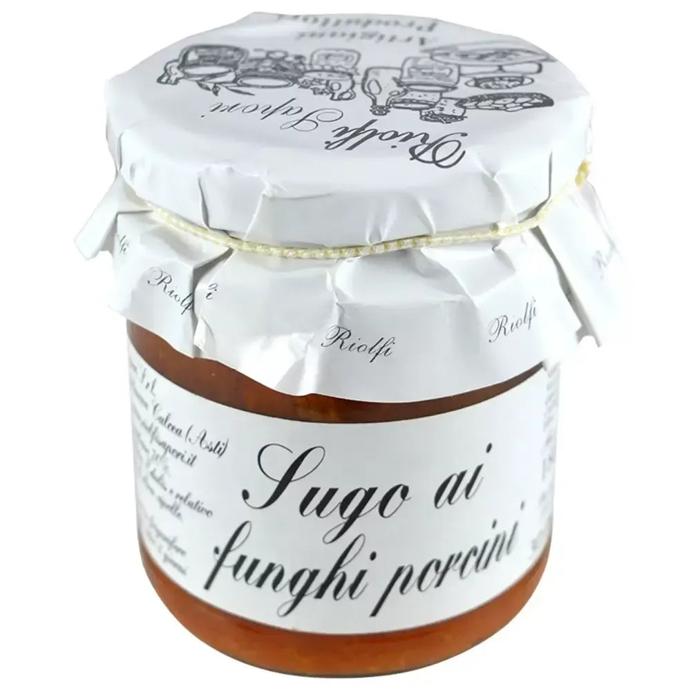 Un barattolo di condimento tradizionale ed elegante, ricco di pomodoro italiano e gustosi funghi porcini.