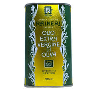 Una confezione verde elegante racchiude l'olio d'oliva Raineri, incarnazione di tradizione italiana e qualità. Un gusto autentico in 500ml.