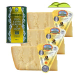 Esplora un viaggio culinario italiano con tre punte di Parmigiano Reggiano stagionato 24 mesi e olio EVO in lattina, per un sapore autentico e intenso.