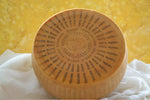 Un pezzo di Parmigiano Reggiano DOP Vacche Rosse, stagionato 24 mesi, posato su uno sfondo oro che ne esalta la tradizione e l'artigianalità.