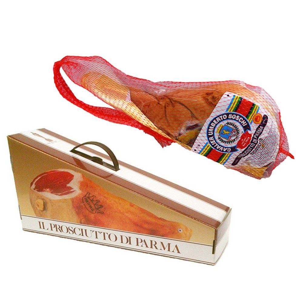 En Parma-skinke DOP, udbenet og modnet i 16 måneder, er omviklet med et rødt net og præsenteret i en æske med håndtag, perfekt som gave.