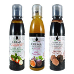 Esplora un viaggio sensoriale con il tris di creme all'aceto balsamico: original, fichi e tartufo, dall'agrodolce al sofisticato.