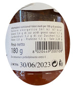 Etichetta di 180 g di autentica salsa italiana per bruschetta, perfetta per dare un tocco in più al pane croccante, con dettagli nutrizionali inclusi.