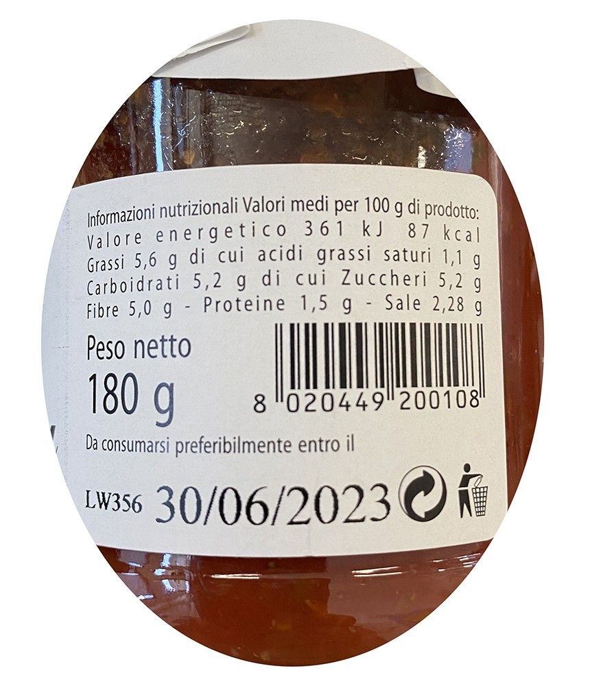 Etichetta di 180 g di autentica salsa italiana per bruschetta, perfetta per dare un tocco in più al pane croccante, con dettagli nutrizionali inclusi.