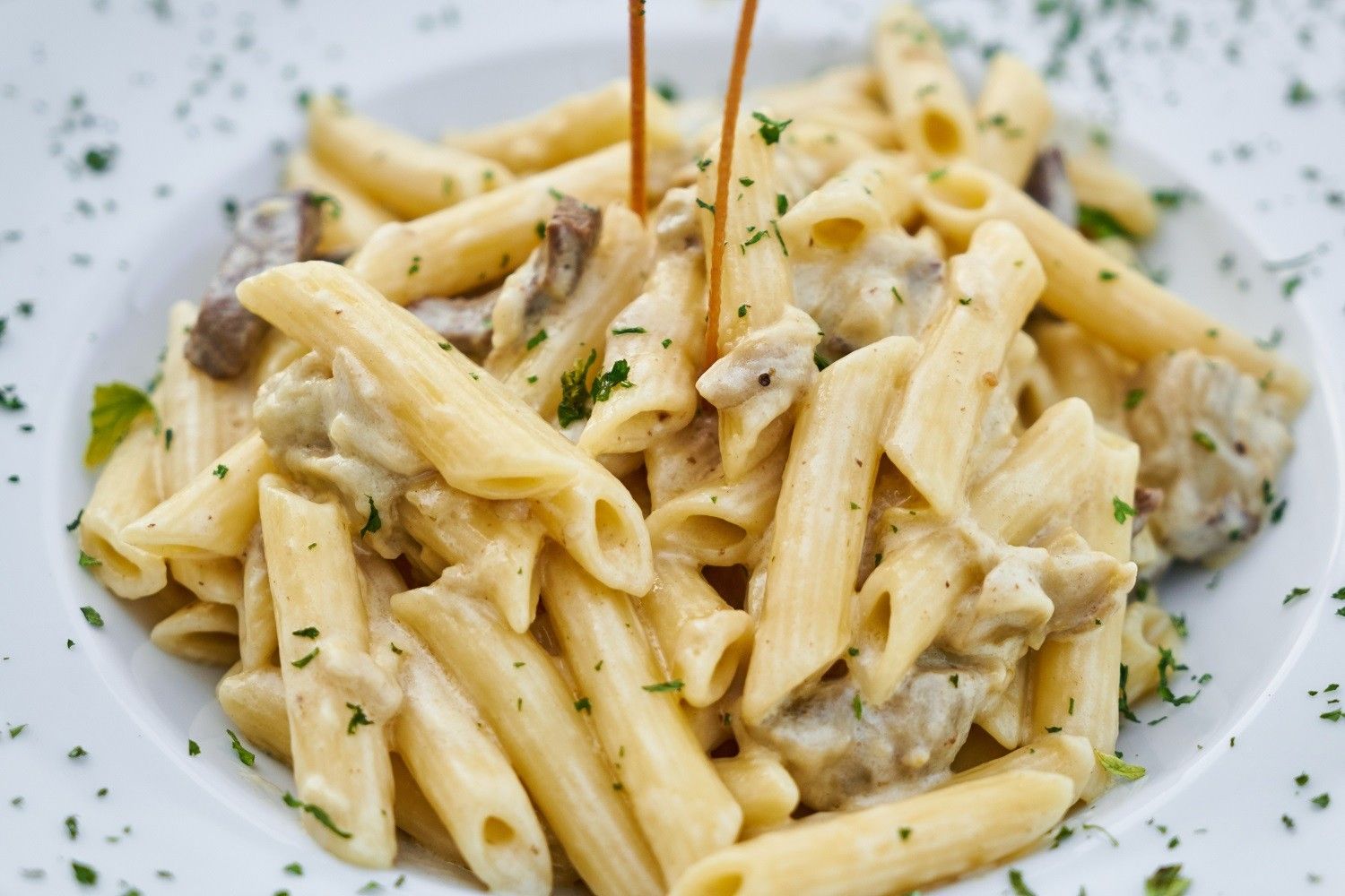 Un piatto gourmet di pasta cremosa, arricchito da funghi porcini secchi e un tocco di prezzemolo fresco, irresistibilmente invitante.