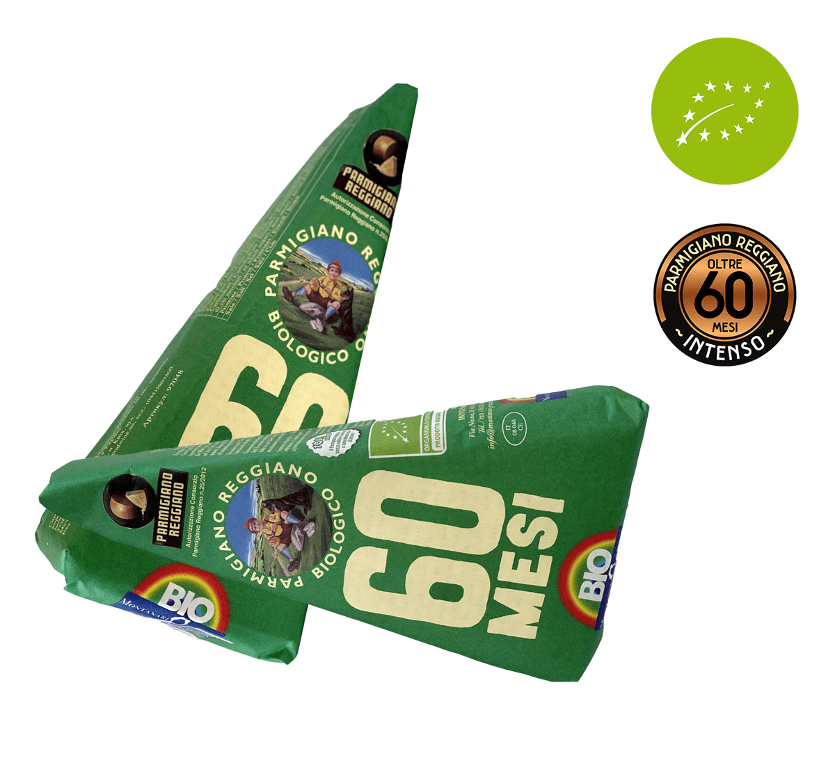 Green boxes containing organic Parmigiano Reggiano PDO, aged for 60 months, testify to authenticity and craftsmanship.