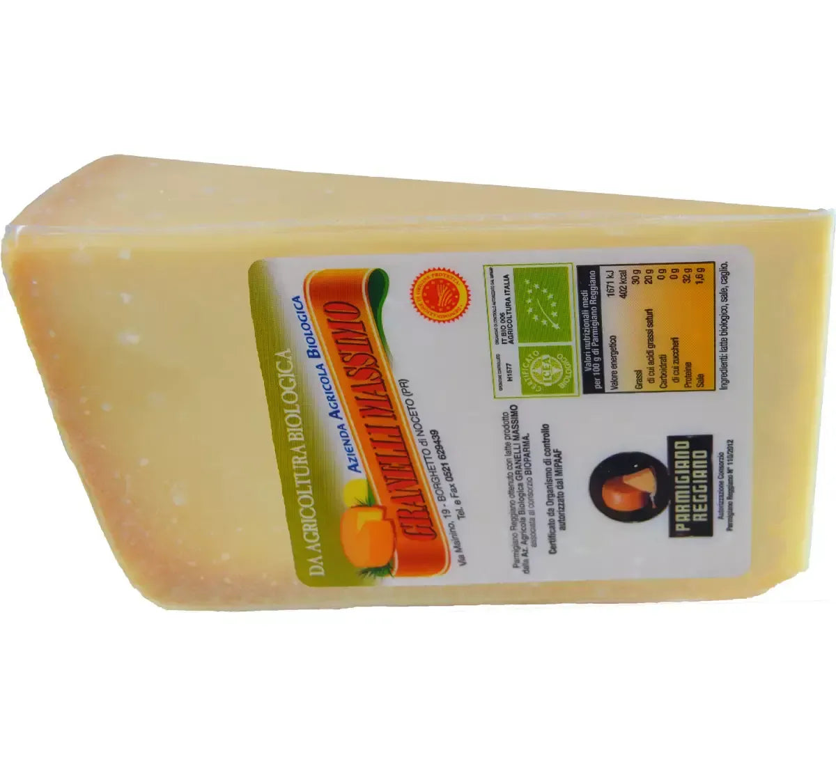 Un autentico Parmigiano Reggiano biologico, stagionato per 24 mesi, si distingue per il suo colore dorato, la crosta naturale e il distintivo profumo DOP.