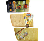 Tre punte di Parmigiano Reggiano DOP, selezione gourmet, stagionate, su un sfondo di etichette, con un suggestivo paesaggio campestre.