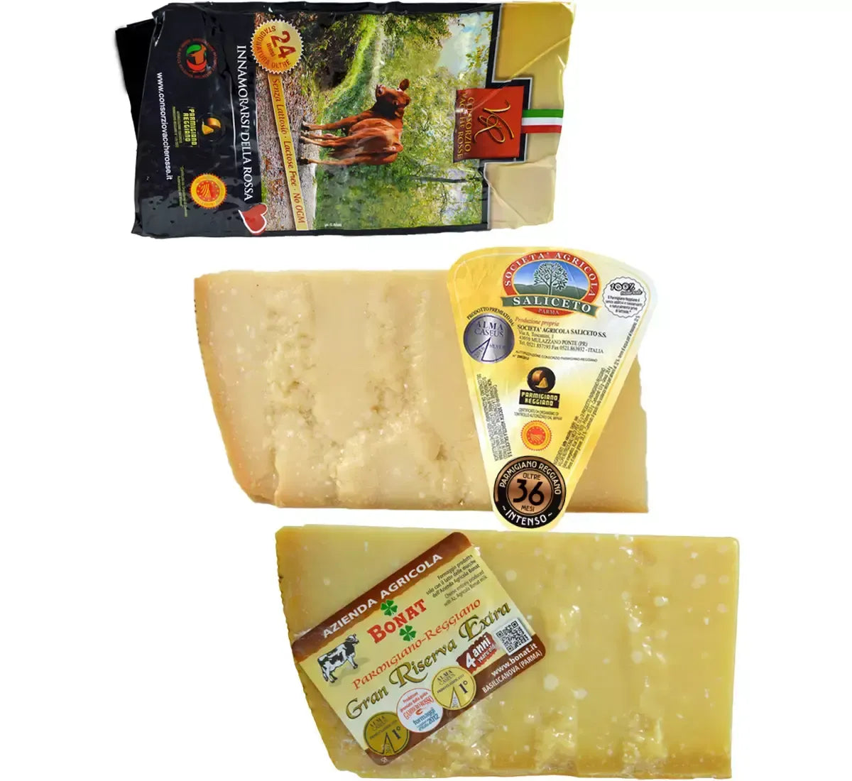 Tre punte di Parmigiano Reggiano DOP, selezione gourmet, stagionate, su un sfondo di etichette, con un suggestivo paesaggio campestre.