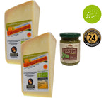 Un autentico Parmigiano Reggiano DOP Biologico, stagionato per 24 mesi, accostato a un pesto senza aglio, celebrando un matrimonio di tradizione e purezza naturale.