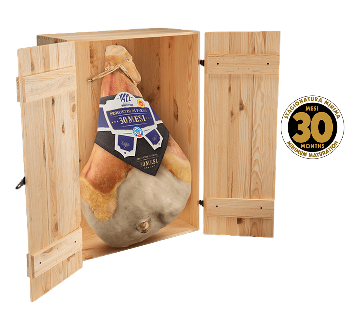 Un prosciutto di Parma DOP, stagionato per 30 mesi, presentato intero con osso, racchiuso in una cassa di legno, rievoca la tradizione e il sapore dell'Italia in ogni singola fetta.