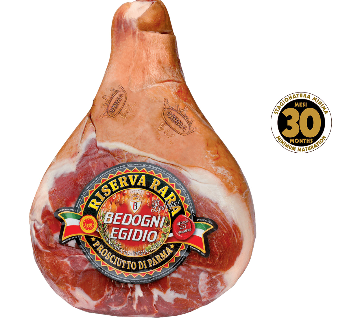 Un pregiato Prosciutto di Parma DOP, disossato e stagionato per 30 mesi a Langhirano, fiore all'occhiello dell'eccellenza italiana, ornato con la corona Ducale.