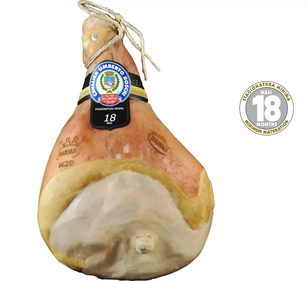 Interamente con osso, un prosciutto di Parma DOP stagionato per 18 mesi a Langhirano. Dolce, profumato e con sigillo d'eccellenza.