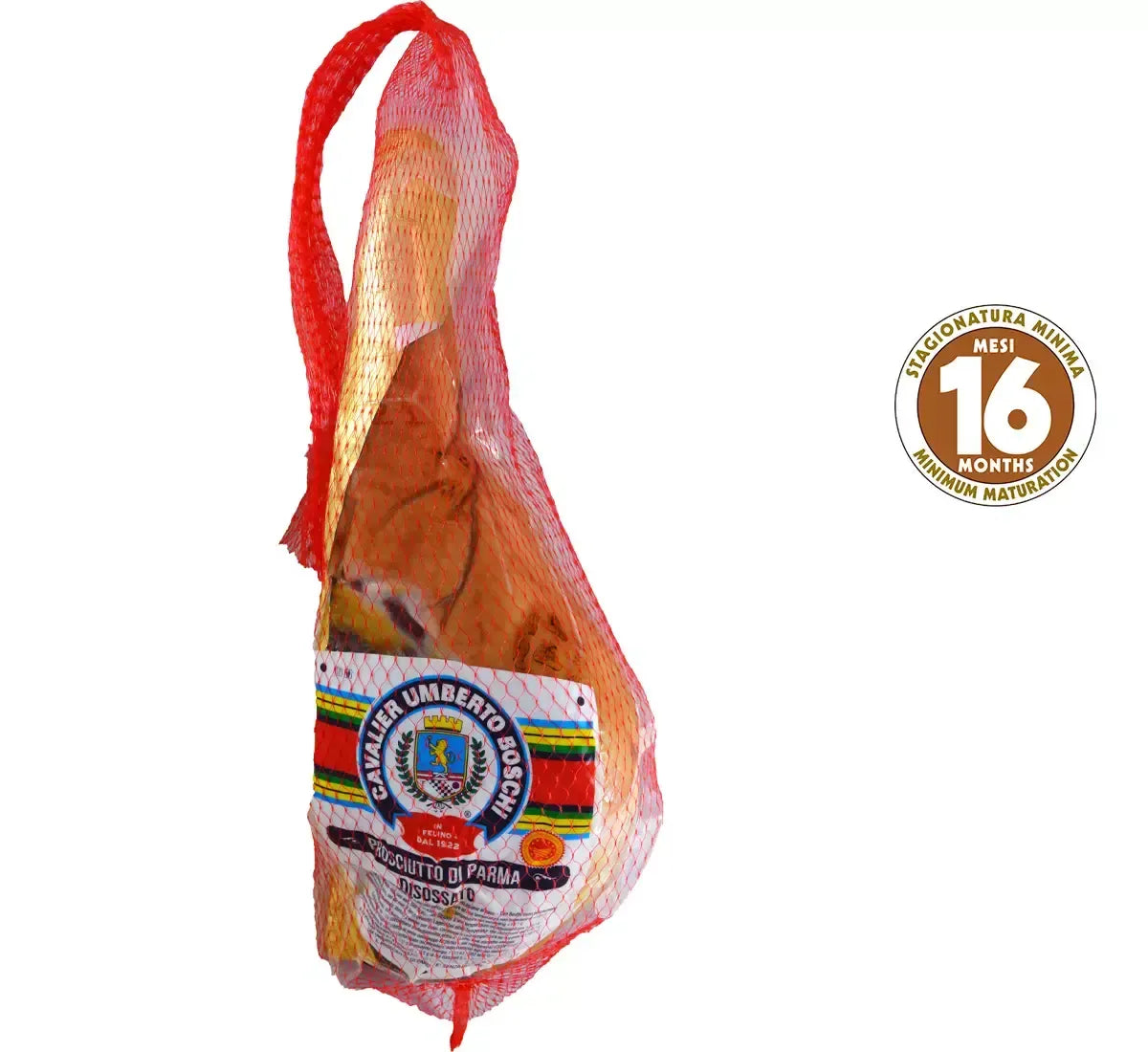 Autentico Prosciutto di Parma DOP, stagionato per 16 mesi, disossato e ricco di sapore italiano, maturato tra le colline emiliane.
