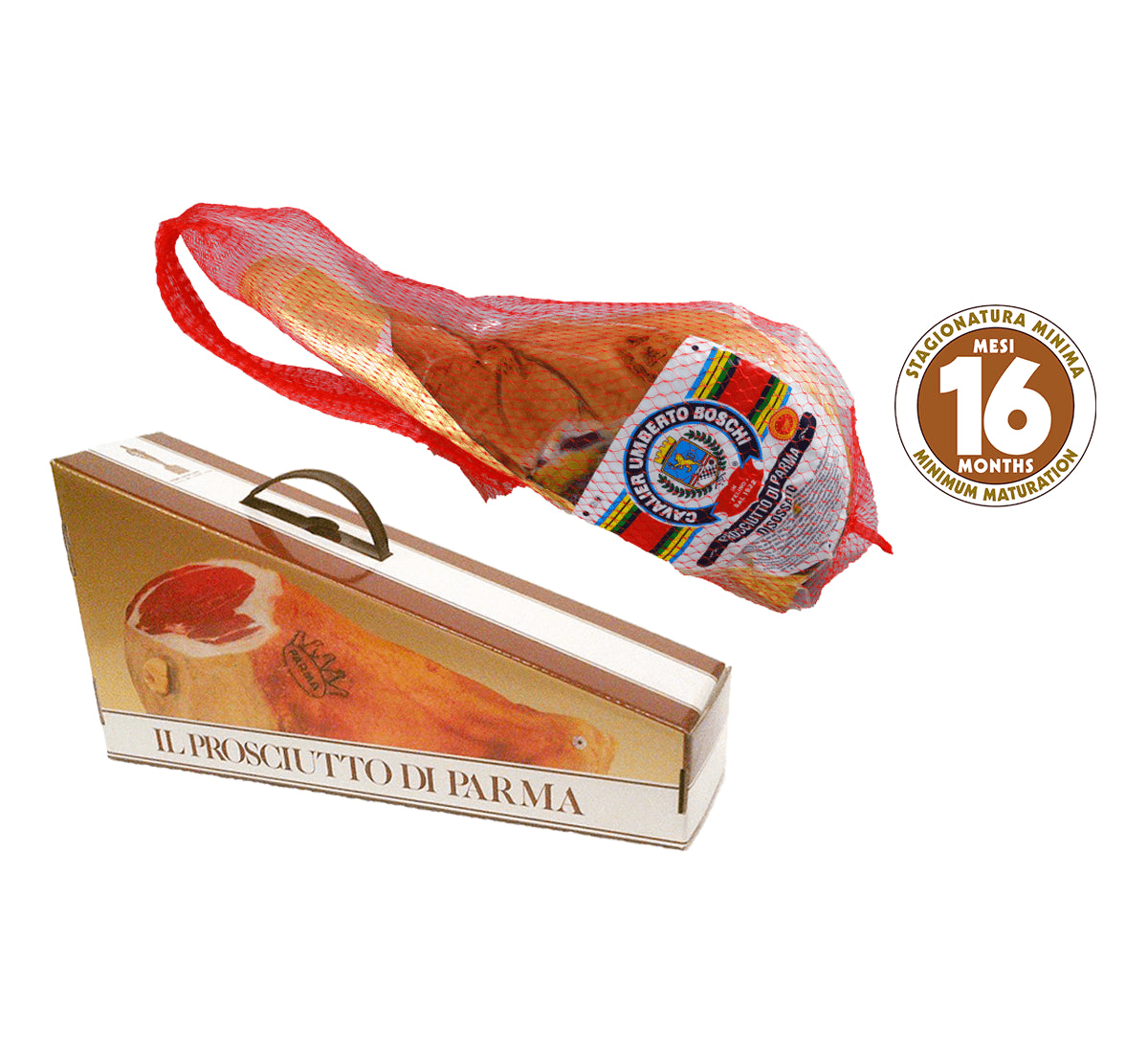 Lækker Prosciutto di Parma DOP, modnet i 16 måneder og omhyggeligt udbenet, præsenteret i en elegant gaveæske. En delikat smag, der minder om bakkerne i Parma.