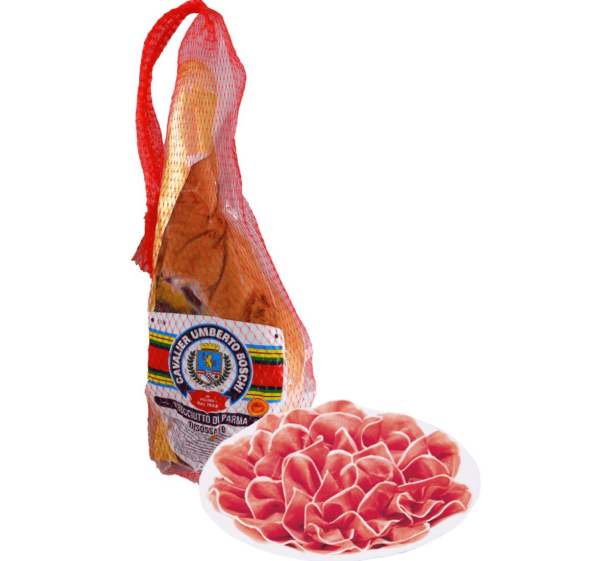 Et rødt net omslutter den udbenede Prosciutto di Parma DOP, modnet i 16 måneder, præsenteret ved siden af skiver skåret på en hvid tallerken.