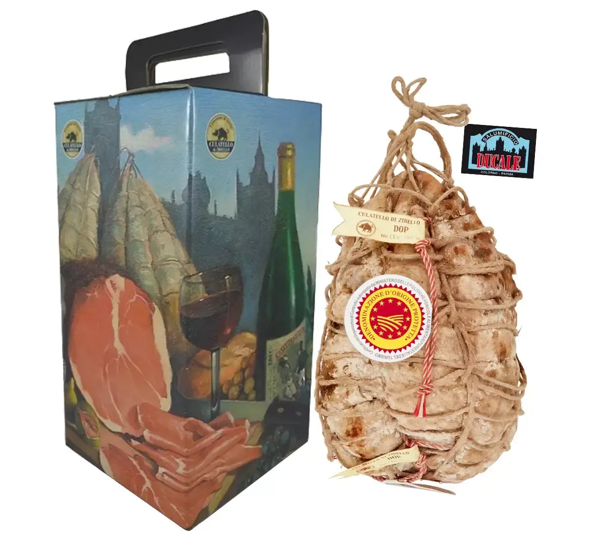 Scatola elegante con illustrazioni contiene un pregiato Culatello di Zibello DOP, avvolto in corda, accanto a un vino selezionato e un tagliere.