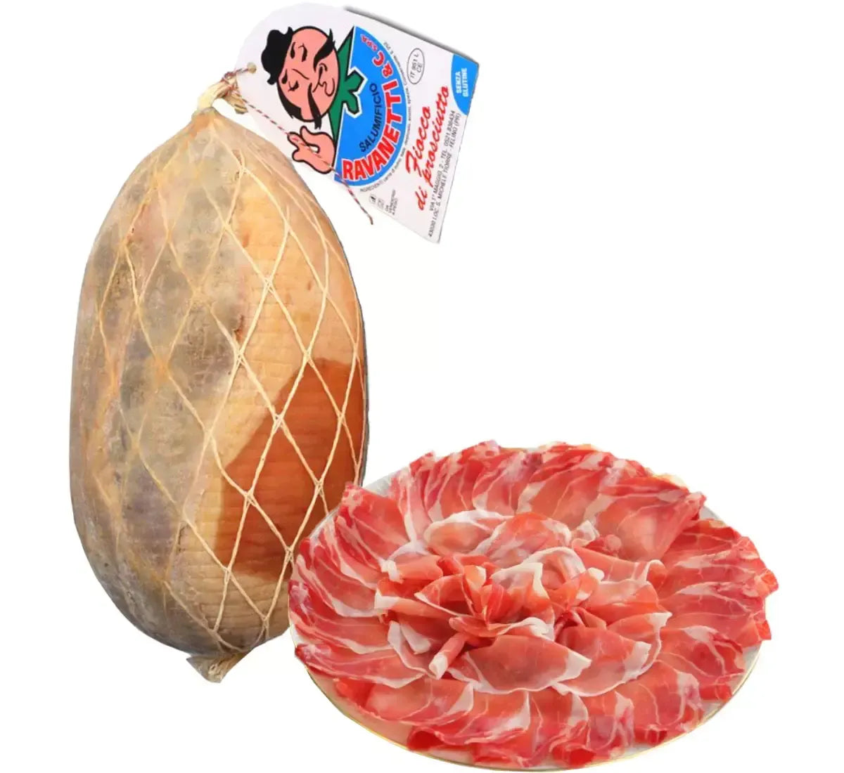 Fiocco di Prosciutto intero, con cotenna, stagionato per 9 mesi, presentato vicino a fette artisticamente disposte a forma di fiore.