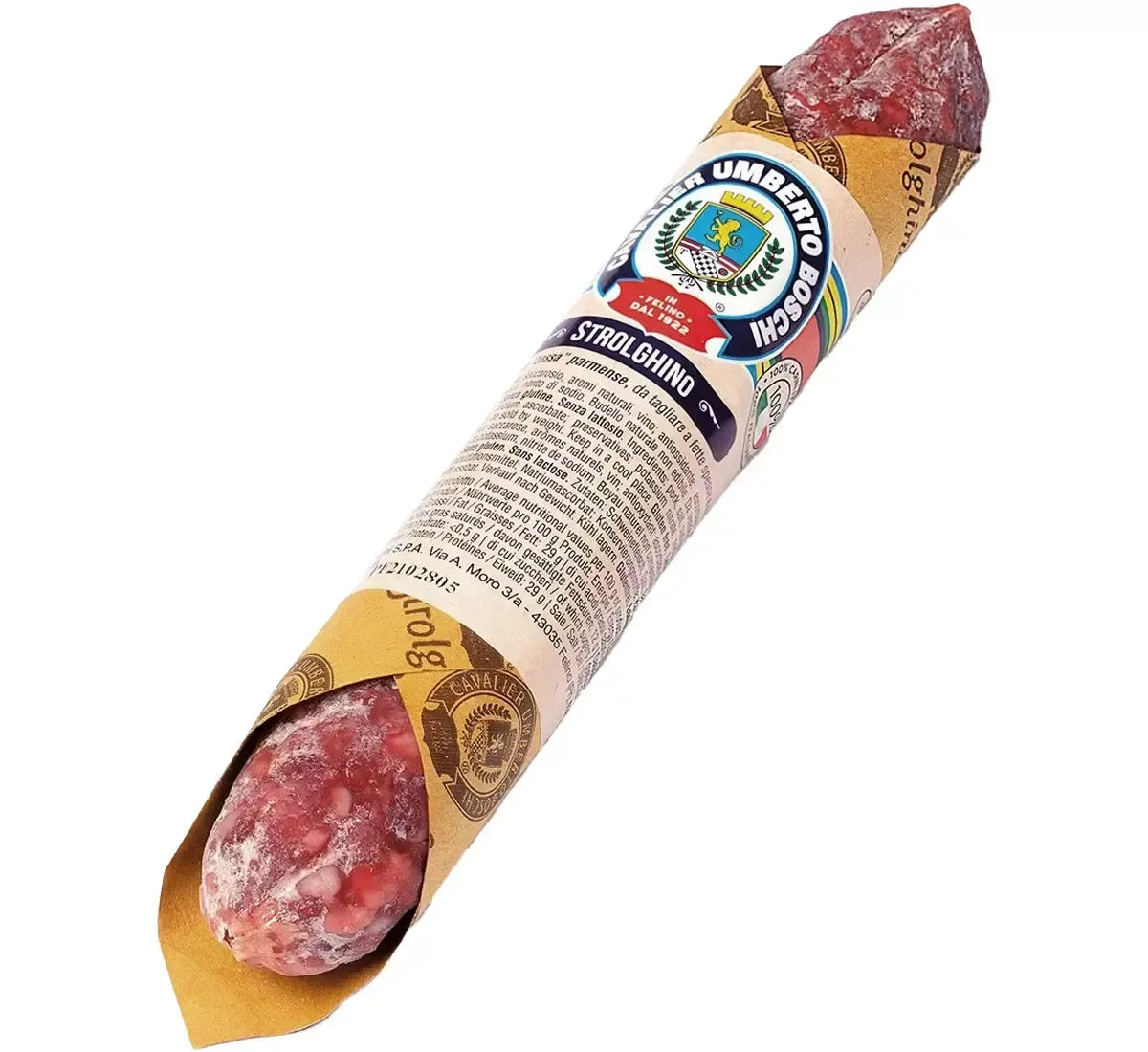 Delizioso salame Strolghino, confezionato a mano, esprime il sapore delicato dell'Emilia. Ideale per aperitivi genuini.