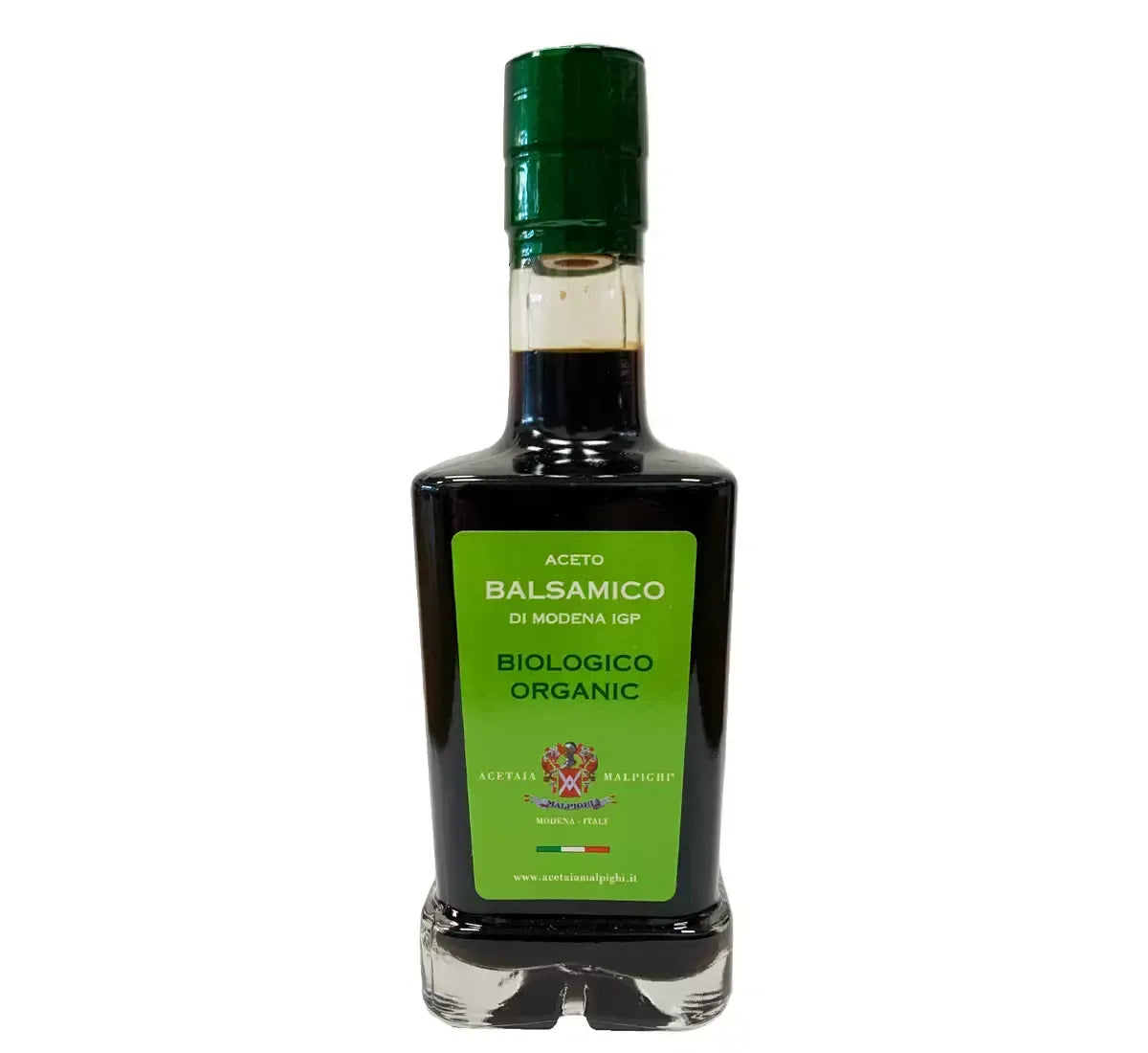 Bio-Aceto Balsamico di Modena IGP in der Flasche, dessen grünes Etikett die hohe Qualität und italienische Tradition unterstreicht.