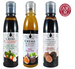 Tre raffinate creme gourmet da 150 ml - balsamico, tartufo e fichi - in chicche bottiglie, ideali per ricette sofisticate.