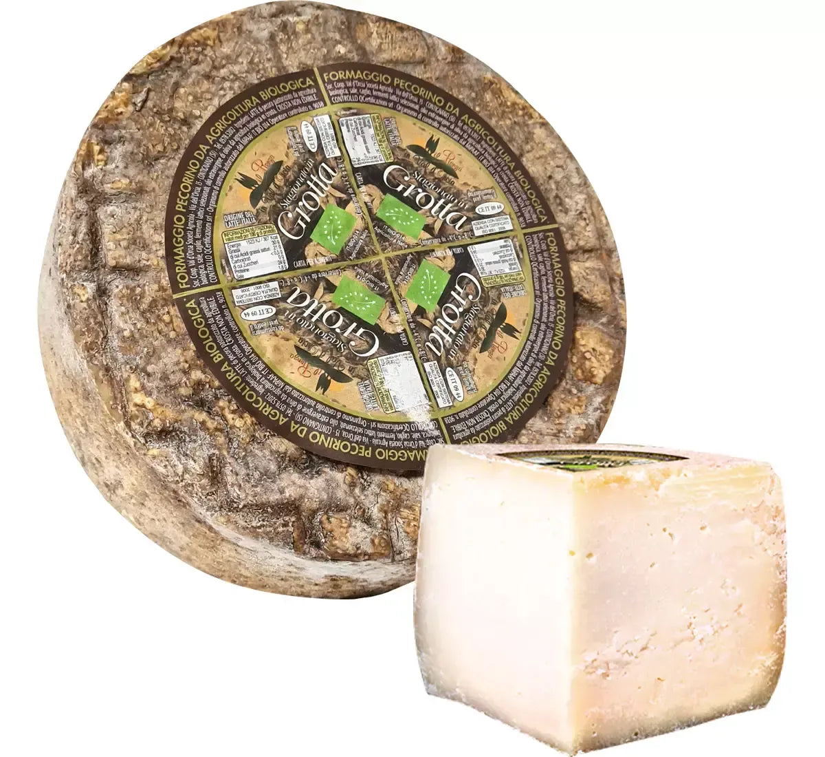 En halv bit ekologisk pecorino, lagrad i grotta. Den har en rustik skorpa och en vit, krämig konsistens. Autentisk smak.
