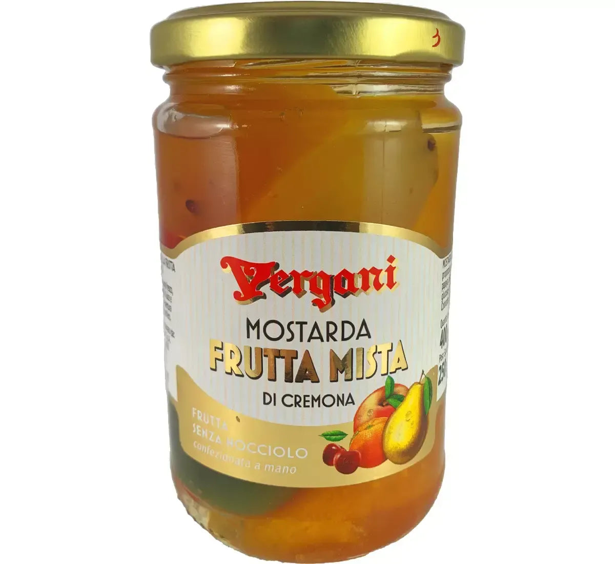 Tradizione lombarda in un barattolo: la Mostarda di Cremona Vergani riunisce frutta mista colorata e candita in dolce sciroppo.