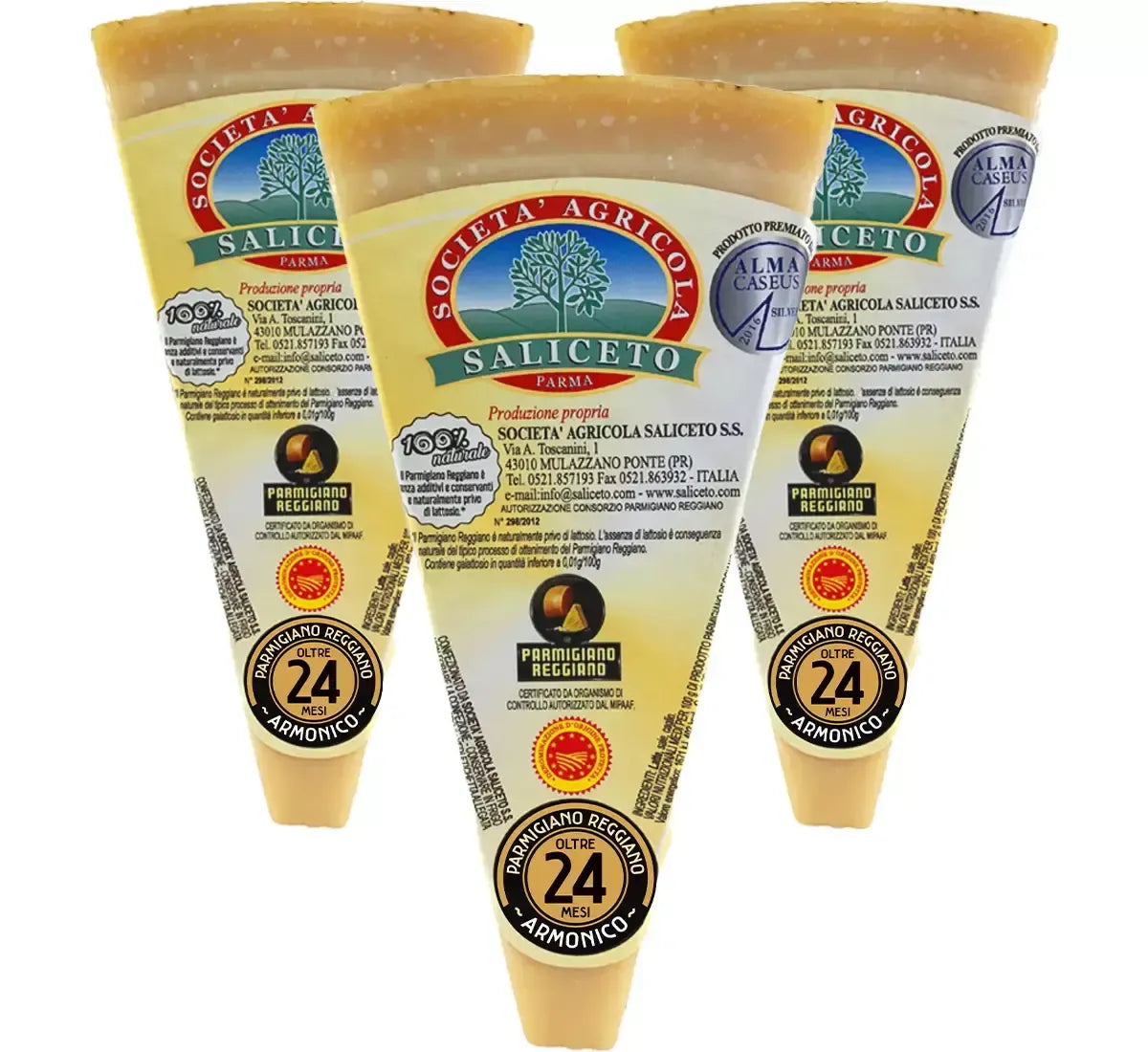 Un trio di confezioni da 300g di Parmigiano Reggiano DOP di Montagna, stagionato 24 mesi, per un sapore autentico delle colline italiane.