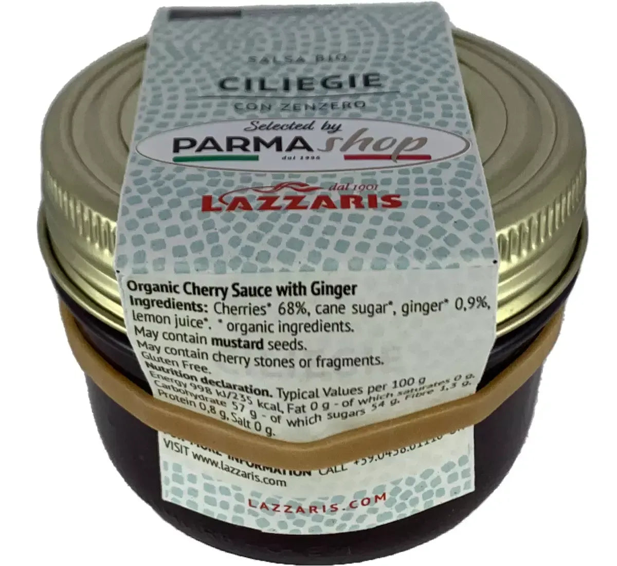 Artigianale salsa biologica di ciliegie e zenzero in un barattolo con etichetta chiara e coperchio dorato, che esprime una leggera eleganza.