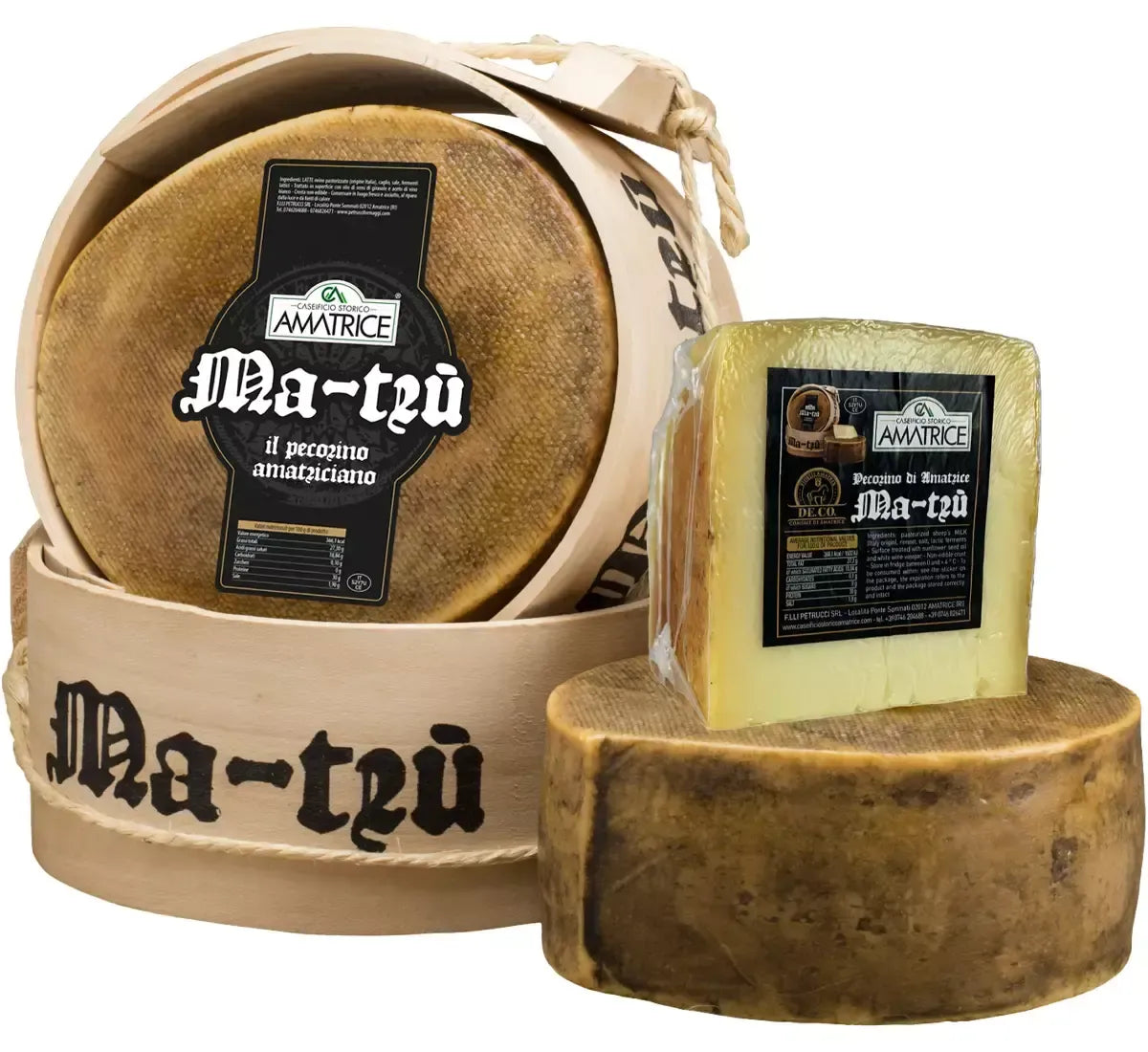 Immagine del formaggio pecorino MA-TRÙ di Amatrice, stagionato, mostrato nella sua confezione tradizionale con una fetta visibile.
